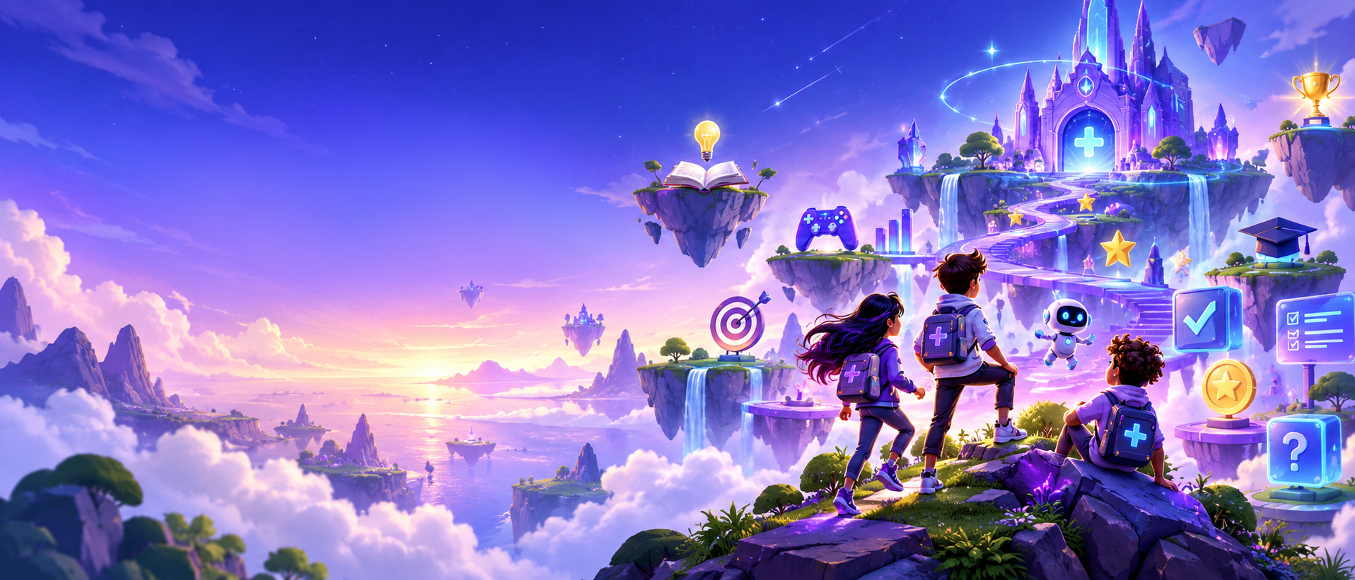 Universo fantástico com estudantes, jogos e elementos educacionais do Criad+ Play
